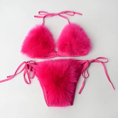 New Solid Color Fake Fur Women's Split Bikini Fur Swimsuit Plush